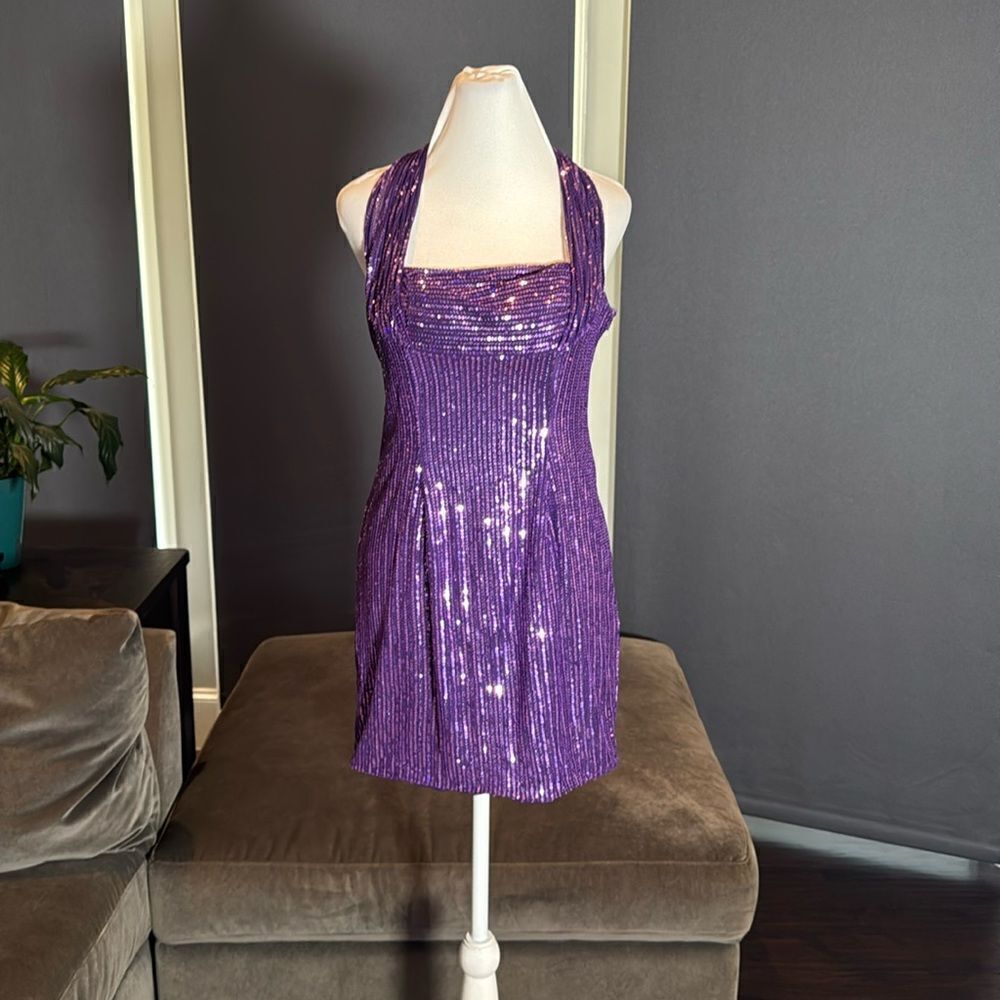 Women’s Purple Fully Sequined Short Prom Party Dress Halter Neck Size 8 NEW